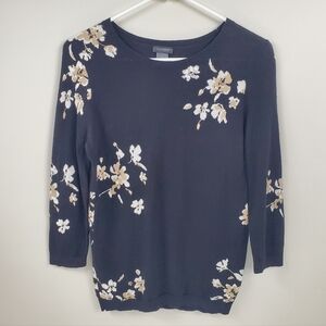 Ann Taylor Size S Black Tan White Floral Lightweight Shirt